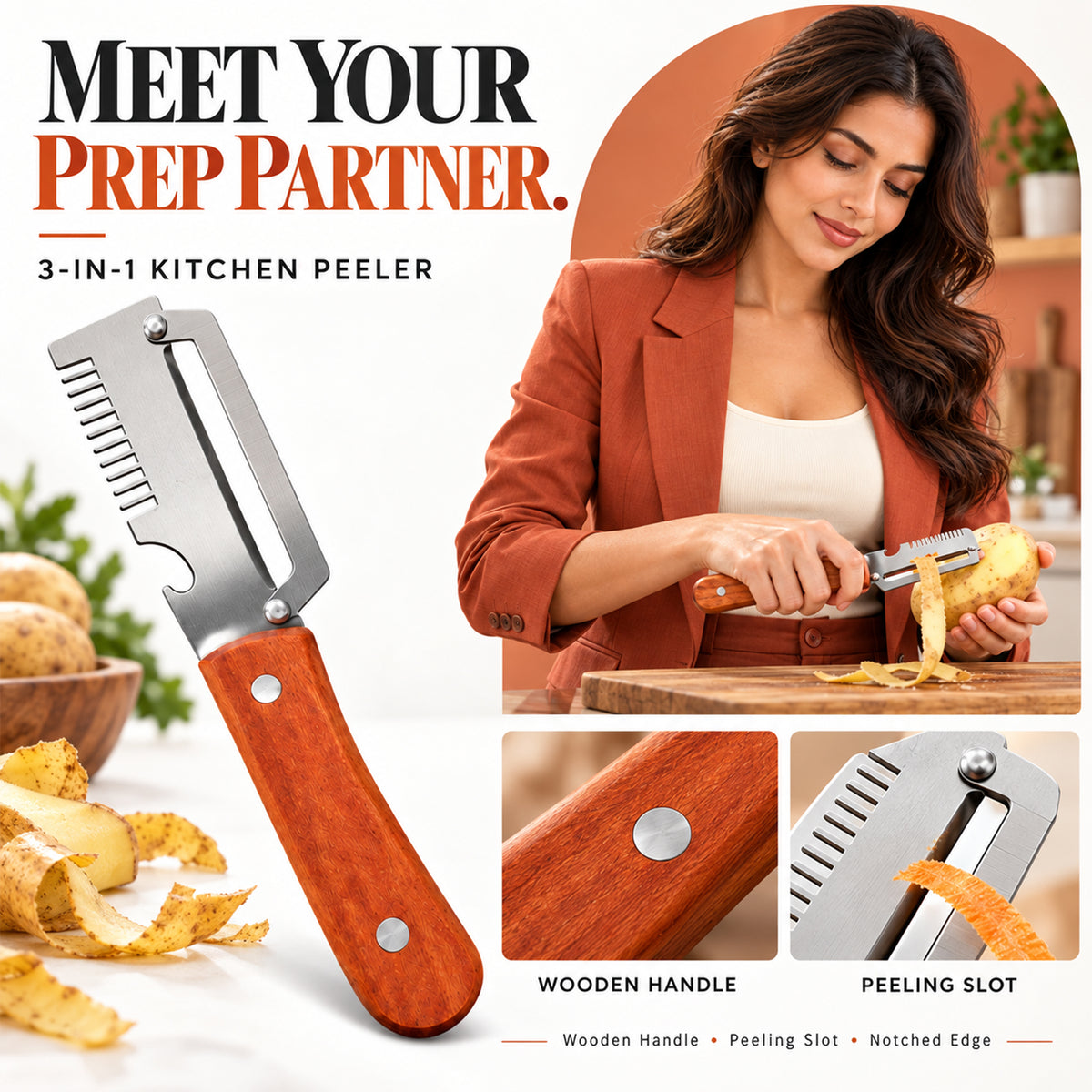 Multi-Function Stainless Steel Vegetable Peeler & Grater with Wooden Handle