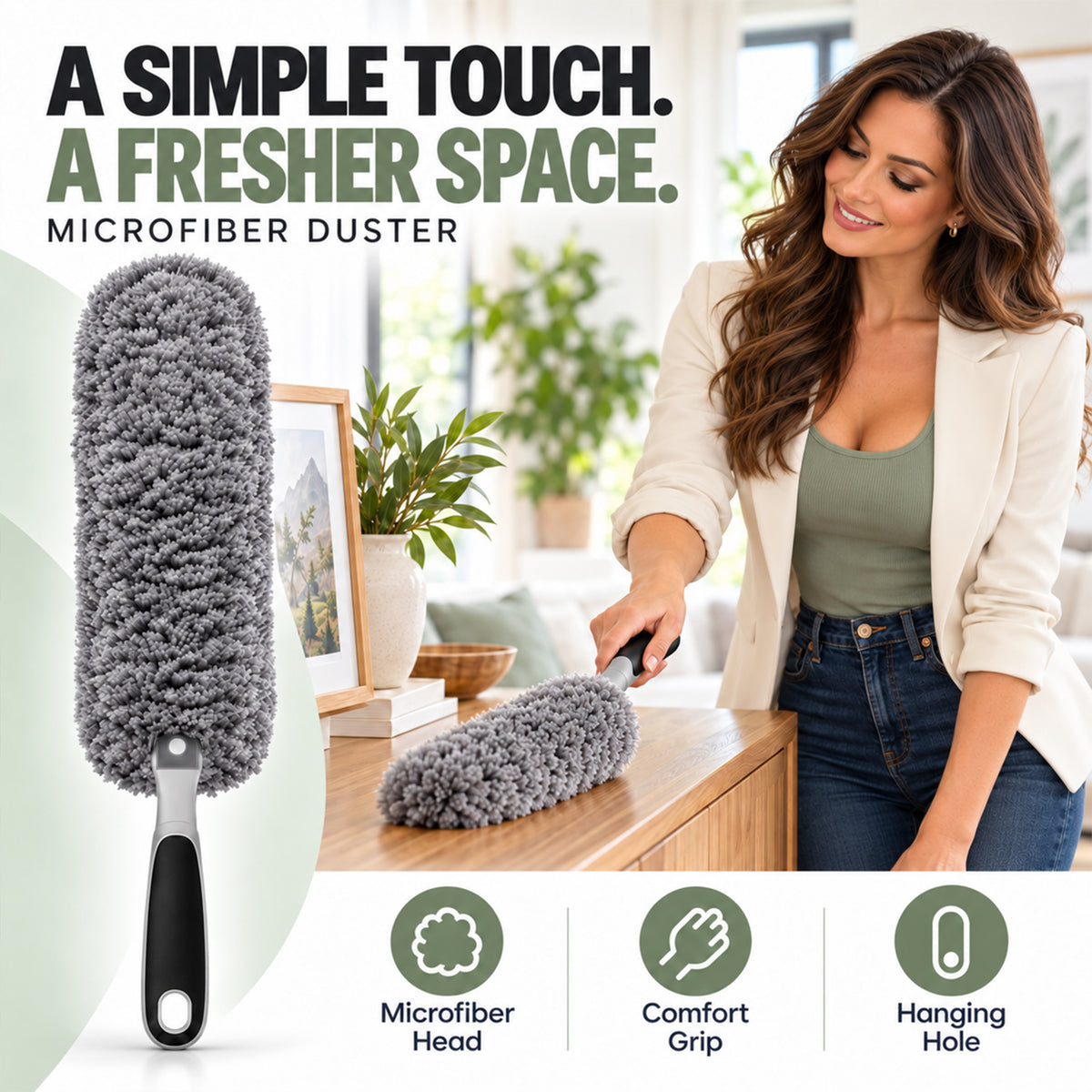 Microfiber Duster with Non-Slip Handle – Washable Dusting Brush