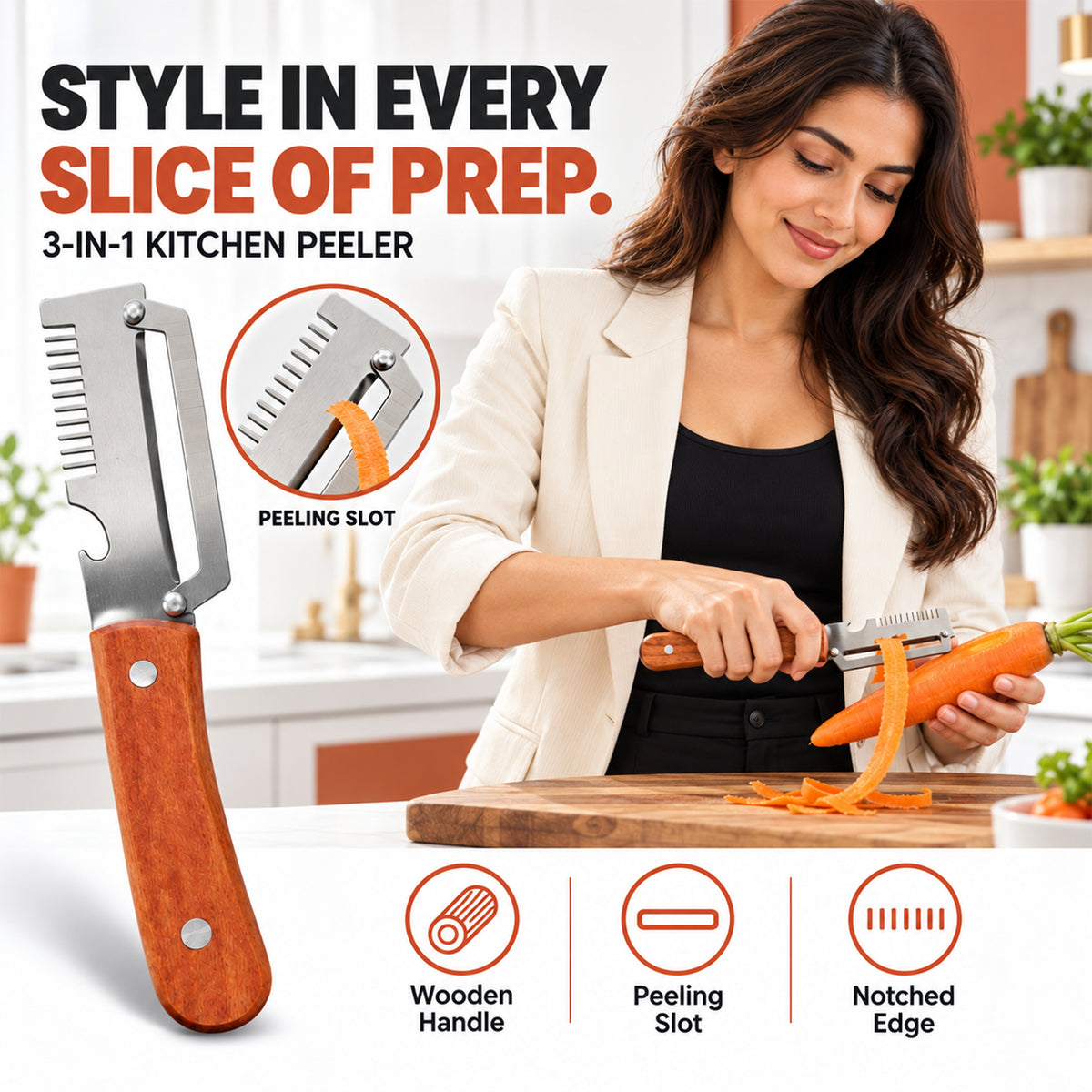 Multi-Function Stainless Steel Vegetable Peeler & Grater with Wooden Handle