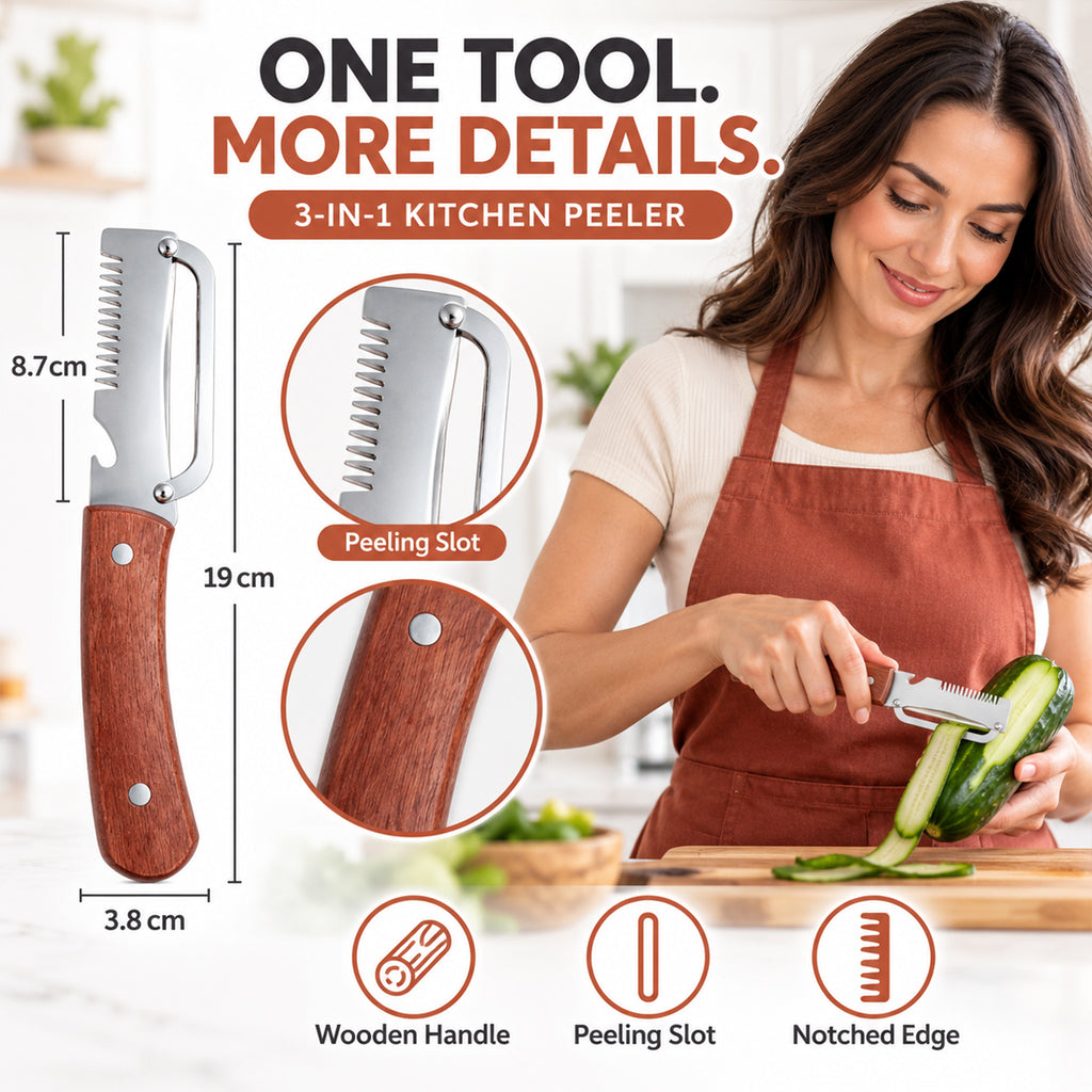 Multi-Function Stainless Steel Vegetable Peeler & Grater with Wooden Handle
