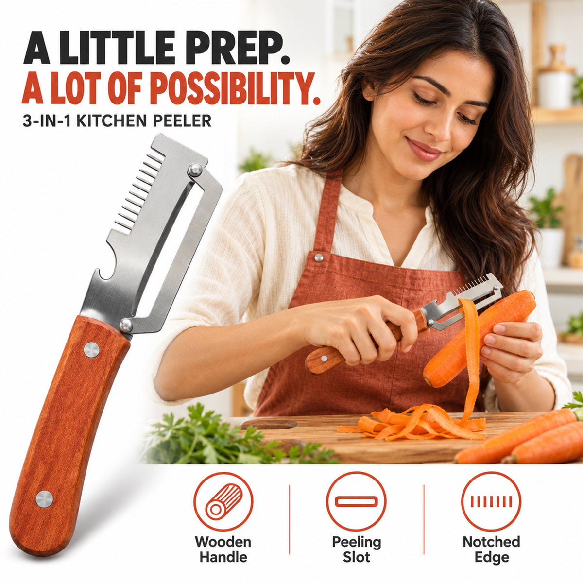 Multi-Function Stainless Steel Vegetable Peeler & Grater with Wooden Handle