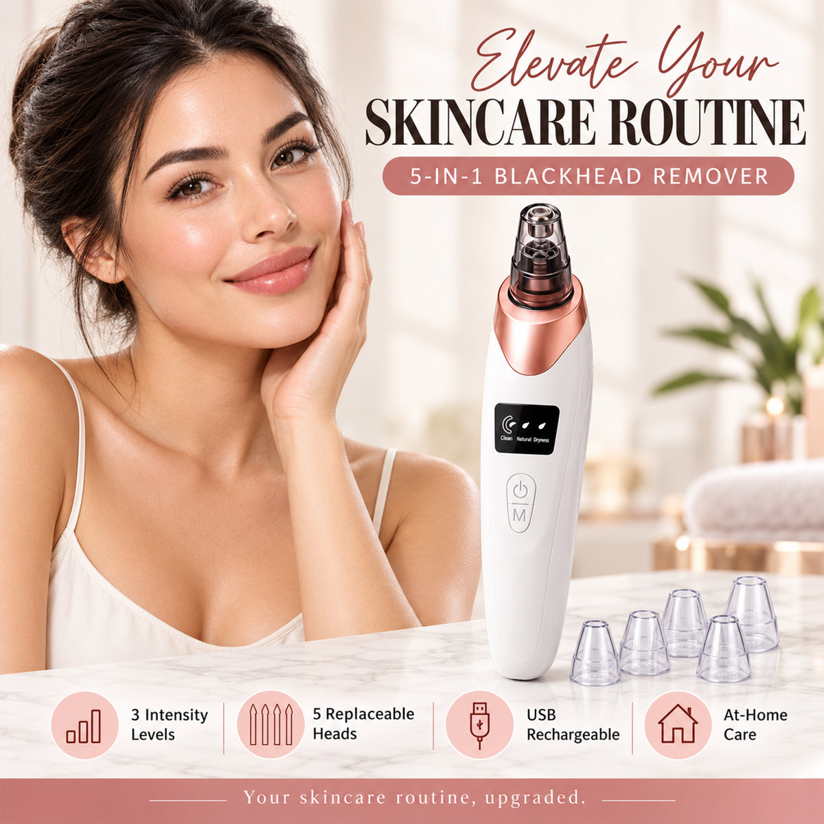Electric Facial Pore Cleansing Vacuum – Rechargeable Blackhead Remover with 4 Suction Heads