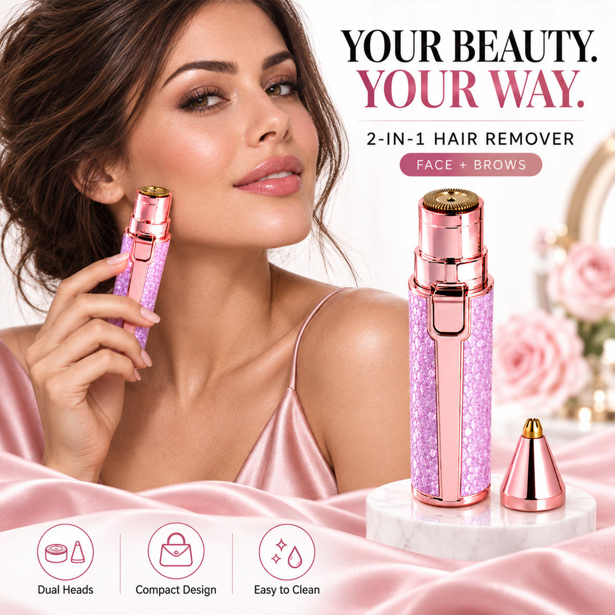 Rechargeable Women’s Facial Hair Remover – Painless Mini Epilator Trimmer with 2 Heads