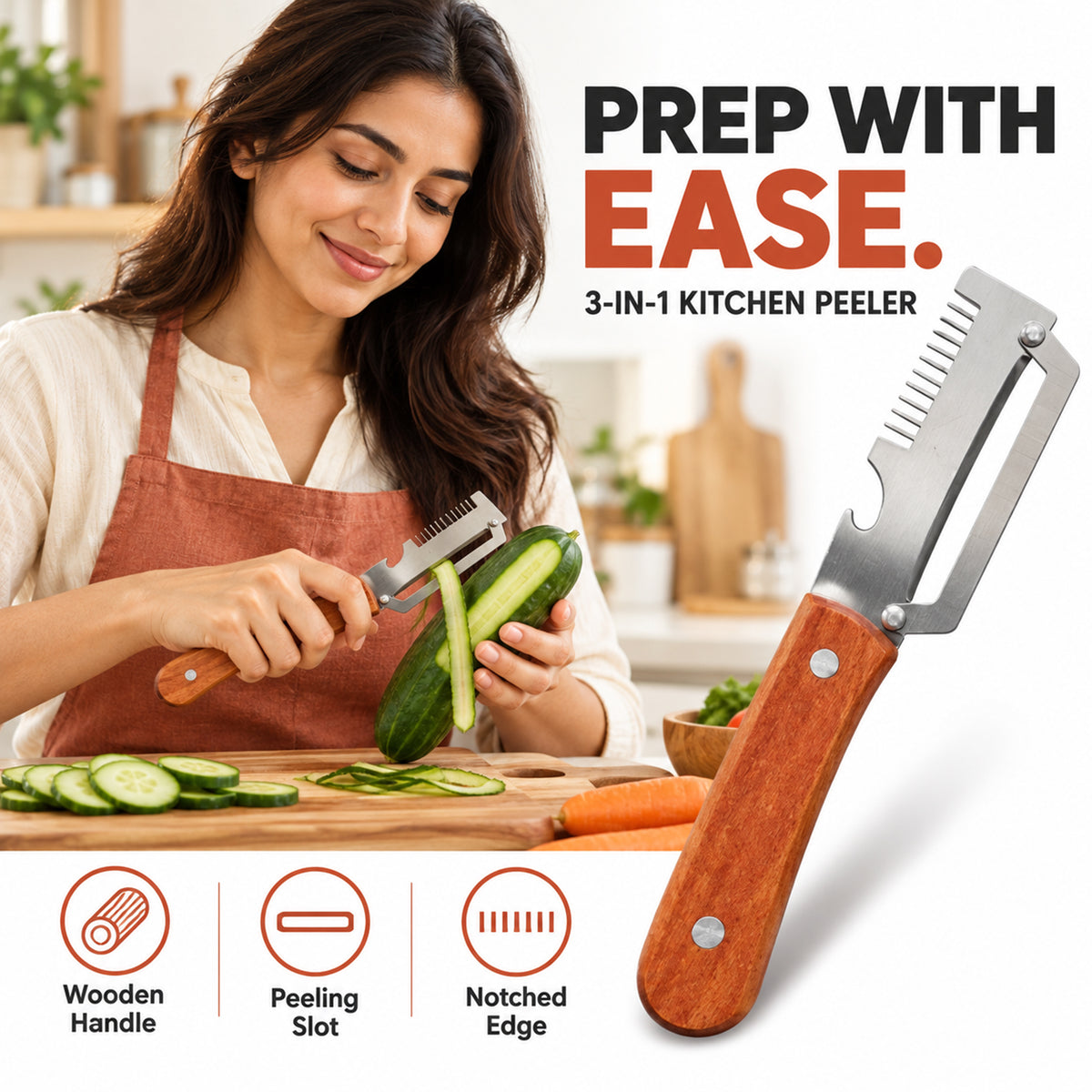 Multi-Function Stainless Steel Vegetable Peeler & Grater with Wooden Handle