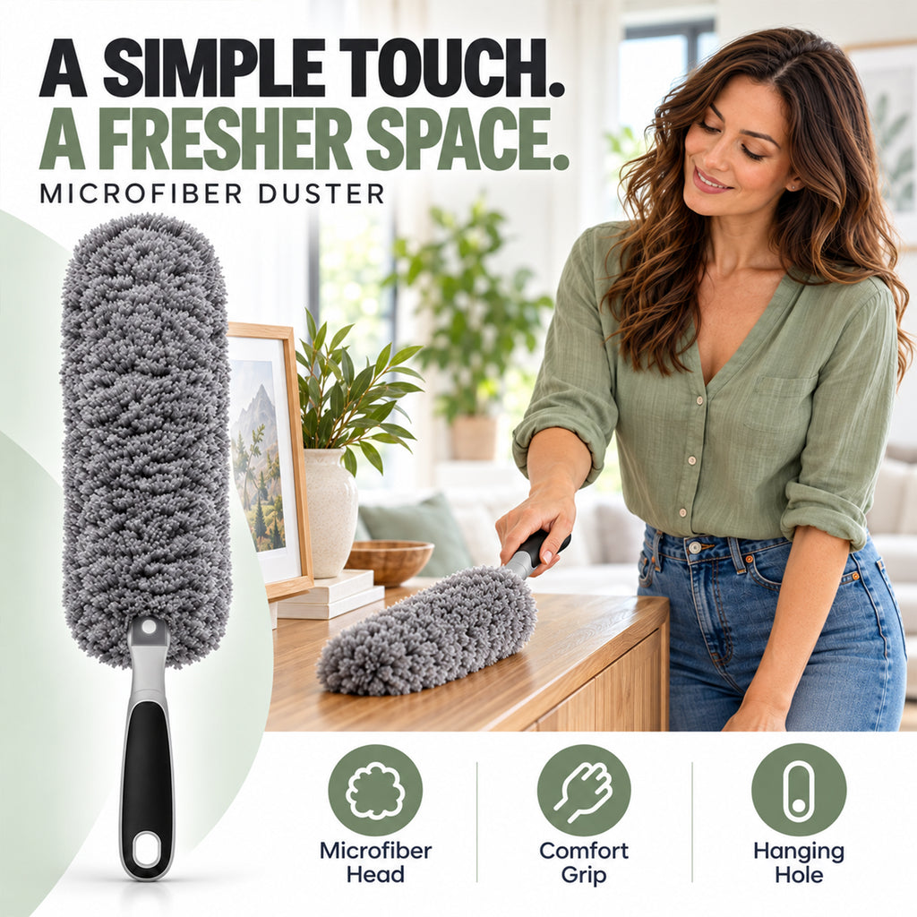 Microfiber Duster with Non-Slip Handle – Washable Dusting Brush