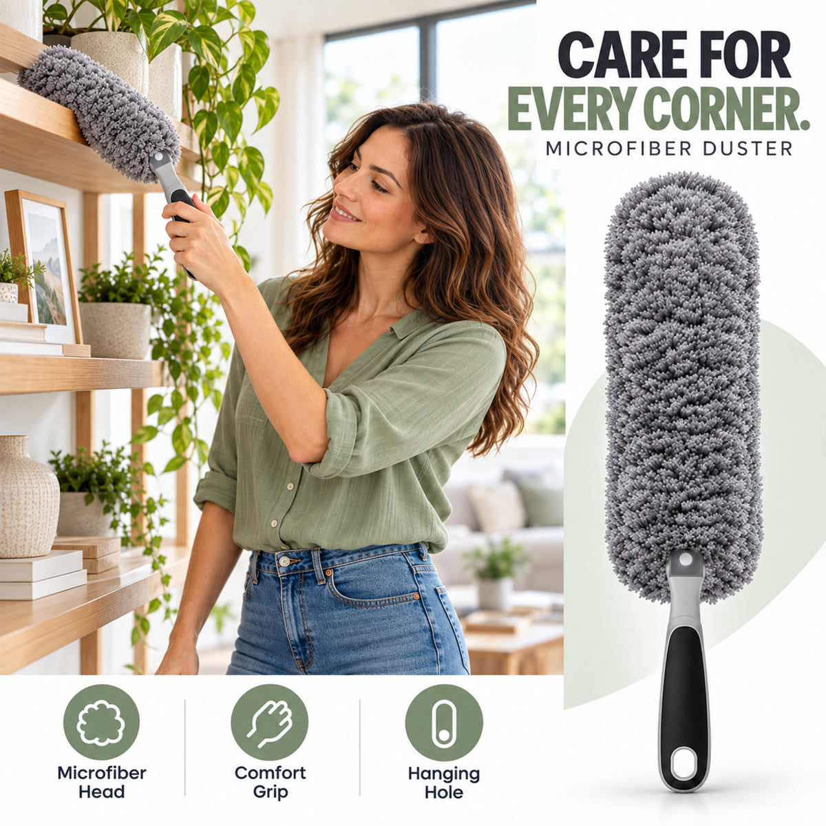 Microfiber Duster with Non-Slip Handle – Washable Dusting Brush