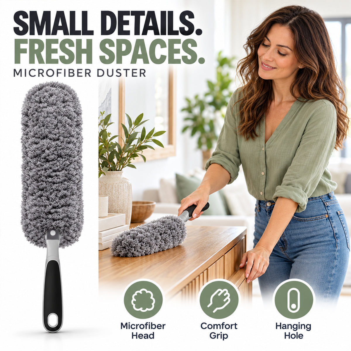Microfiber Duster with Non-Slip Handle – Washable Dusting Brush