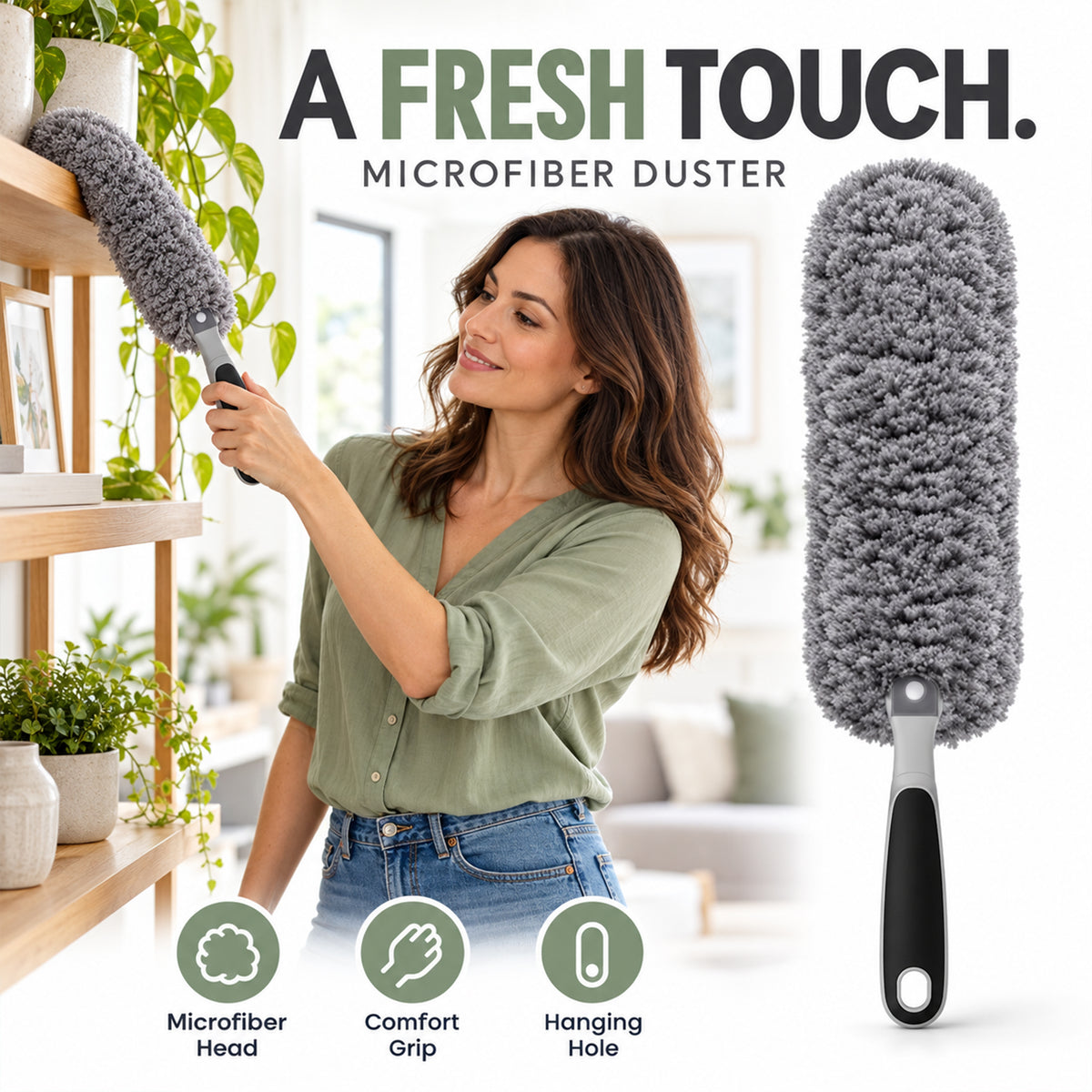 Microfiber Duster with Non-Slip Handle – Washable Dusting Brush