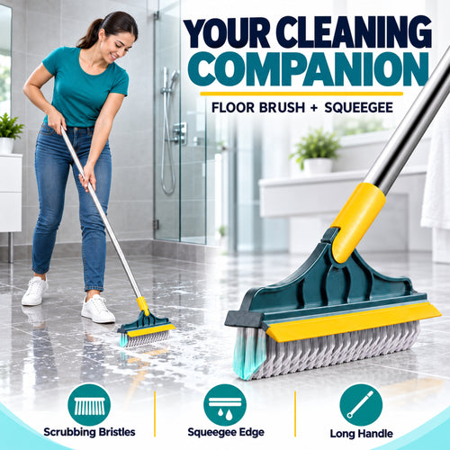 2-in-1 Floor Scrub Brush with Squeegee – Long Handle